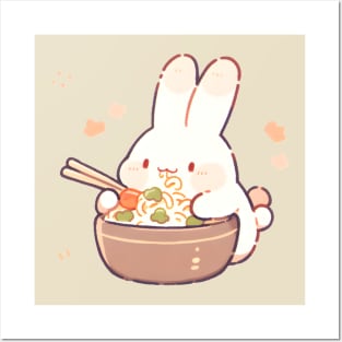 Cute bunny eating noodles Posters and Art